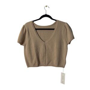Beige V-Neck Short Sleeve Knit Sweater Top For Women XL